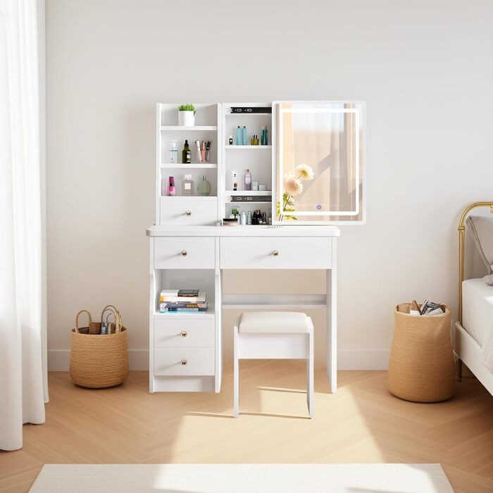 Дзеркальний туалетний столик DATO з LED-підсвічуванням, 3 колірні температури та регулюванням яскравості, з пуфом, 5 шухляд та 3 полиці, з розсувним дзеркалом (T68)