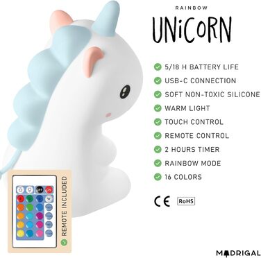 Нічник Unicorn - USB-C, пульт дистанційного керування, силікон, з можливістю затемнення, таймер, синій