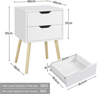 Набір Yaheetech з 2 тумбочок з 2 ящиками, дерево, 40 x 40 x 60 см, ніжки з масиву дерева