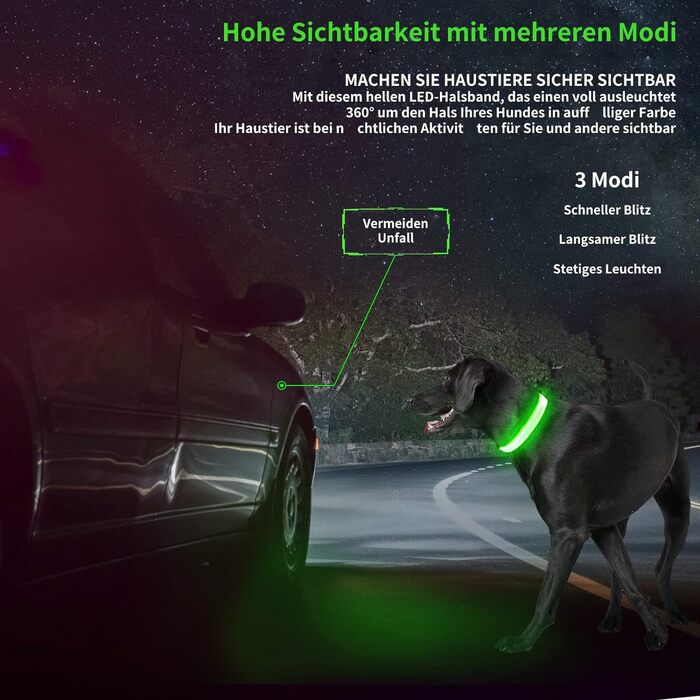 Нашийник для собак зелений M - водонепроникний, заряджається від USB, надзвичайно яскравий, для середніх/великих собак
