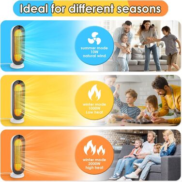 Електричний обігрівач Nictemaw 2000W з керамічним нагрівачем, 3 режими, захист від перекидання, таймер 12 год, осциляція 100°, пульт ДУ, для дому та офісу, білий