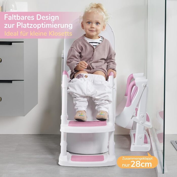 Дитяче сидіння на унітаз DEANIC з драбинкою, рожеве - для дітей 1-7 років (38-47 см), PU-поліуретан