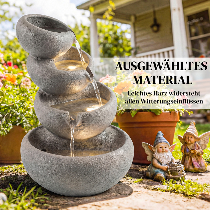 Гарний садовий фонтан з штучного каміння на 4 рівнях з LED-підсвіткою та насосом. Імітує природний камінь, розміри: 35 x 32 x 50 см.