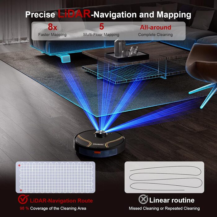 Робот-пилосос Chuboor з функцією миття 3 в 1, 6500Pa, LiDAR навігація, керування через додаток/WiFi/Alexa, автозарядка, 150 хв роботи, для шерсті тварин, килимів та твердих підлог, чорний