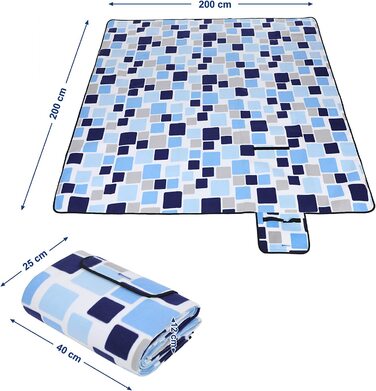 Флісова водонепроникна ковдра для пікніка SONGMICS GCM61C, (квадрати синього, коричневого і білого кольорів, 200 x 200 см, одномісні)