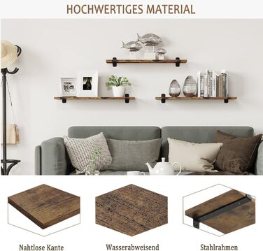 Полиця настінна EUGAD 3 шт., плаваючі полиці 60 см, дерев'яний декор вінтаж, настінні полиці для вітальні, кухні, офісу, ванної, витримує до 15 кг/полиця, коричневий вінтаж