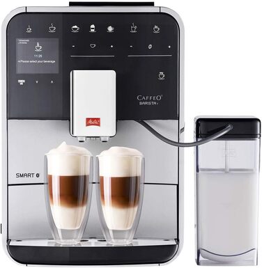 Кавомашина Melitta Caffeo Barista T Smart F831-101, автоматична, з управлінням через смартфон, One Touch, срібляста, з насадкою для молока, нержавіюча сталь, чорна