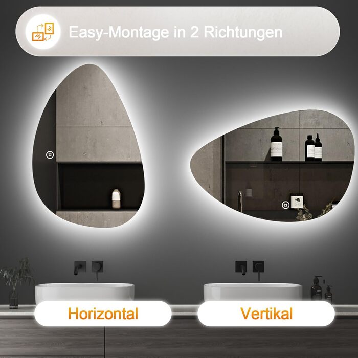 Асиметричне дзеркало для ванної кімнати Boromal з підсвічуванням 80x80 см, LED, сенсорний вимикач, 3 кольори, регулювання яскравості