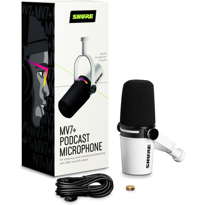 Мікрофон Shure MV7+ для подкастингу, покращений звук, LED-тачпанель, USB-C/XLR, авто-рівень, цифровий поп-фільтр, ефекти реверберації, для запису, стрімінгу, білий