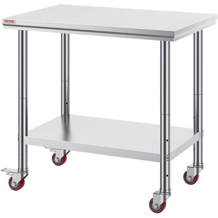 Нержавійна кухонна стільниця VEVOR 90x60x85 см з 4 роликами, регулювання висоти, 136 кг, для приготування їжі, сріблястого кольору