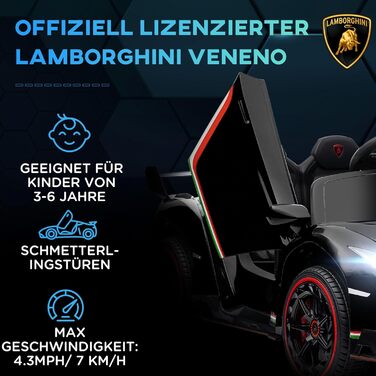 Дитячий електромобіль HOMCOM Lamborghini Veneno 12В з пультом, Bluetooth та музикою, чорний, для дітей 3-6 років