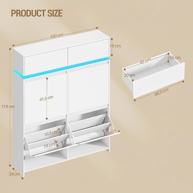 Взуттєва шафа Hzuaneri з 4 стулками, вузька, з LED-підсвічуванням, регульована перегородка, на 20 пар, 100 x 119 x 24 см, для передпокою, біла SR53603XEU