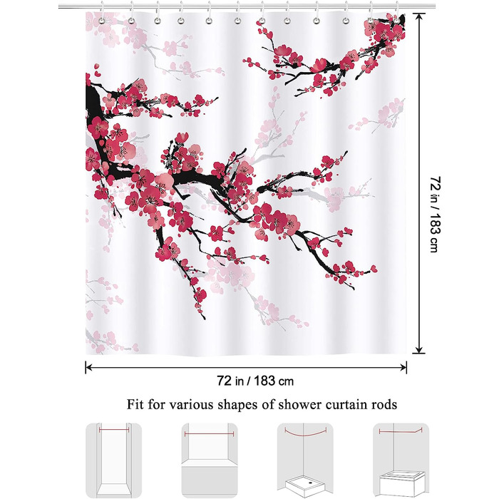 Штора для душу Bonhause Японські Червоні Квіти 180x200 см Антипліснява Водонепроникна з 12 гачками