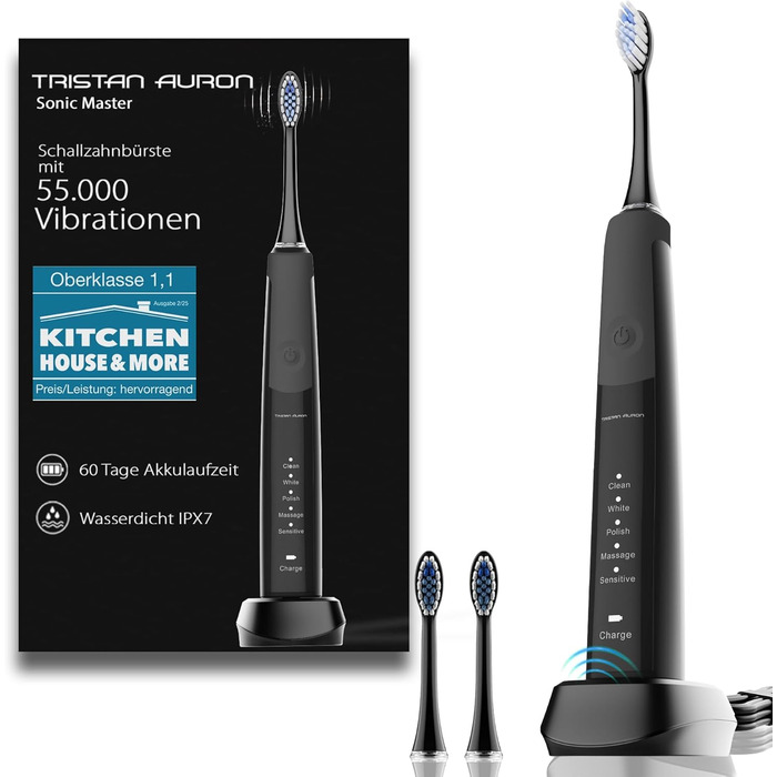 Електрична зубна щітка Tristan Auron SonicMaster (Блакитна) - 6 голів, чохол, 100 днів тестування, 5 режимів, 55 000 VPM, таймер 2 хв