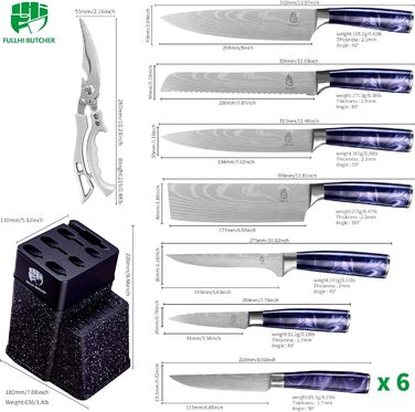 Набір кухонних ножів Fullhi 14 предметів з бруском та чохлом, набір кухонних ножів для приготування стейків, кольорова ручка (фіолетовий смоляний)
