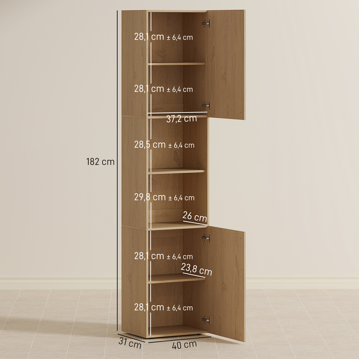 Висока шафа для ванної кімнати, 6 ящиків, 2 шафки, 2 відкриті полиці, відкриті відсіки, дерево, колір дуба