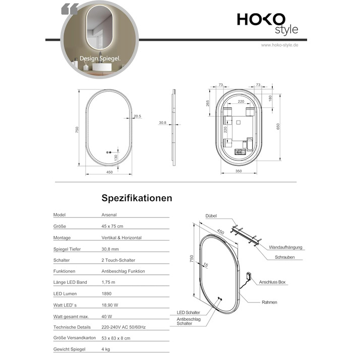 Дзеркало для ванної кімнати HOKO круглої форми 80 см з підсвічуванням, антизапарюванням, рамкою, сенсорним вимикачем, функцією пам'яті та регулюванням кольору світла (2700-6500K) - тепле, холодне, нейтральне світло (75 x 45 см, золотий овал)