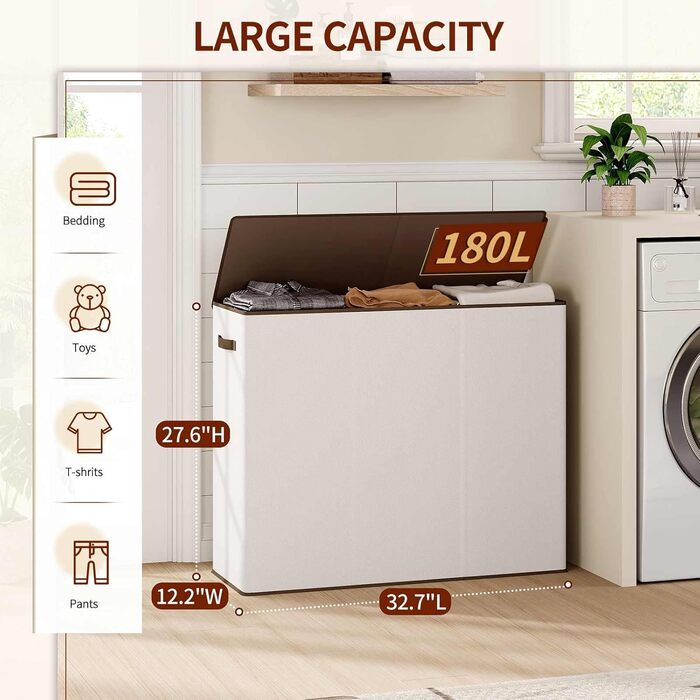 Кошик для білизни Relefree з 3 відділеннями, 180 л, великий кошик для сортування білизни, з 3 знімними мішками, з кришкою, для спальні, ванної кімнати, гуртожитку, кольору слонової кістки