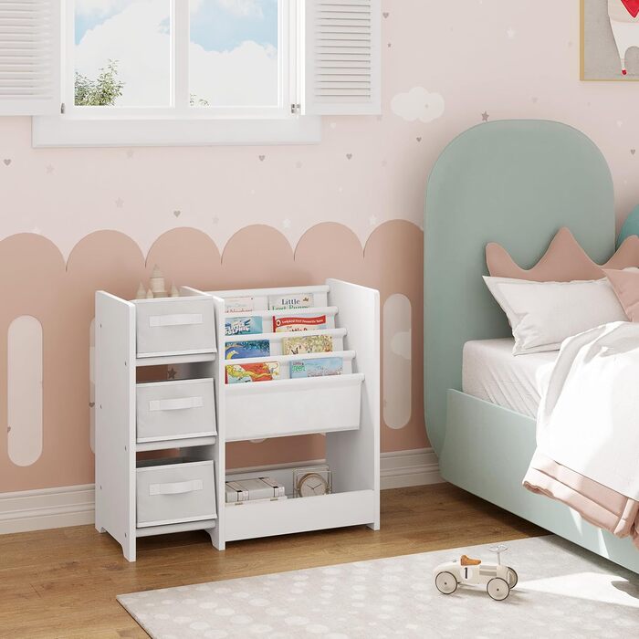 Поличка для дитячої кімнати Lestarain, органайзер для іграшок, 65x60x30 см, з 3 ящиками та 4 кишеньками, з масиву дерева МДФ, біла