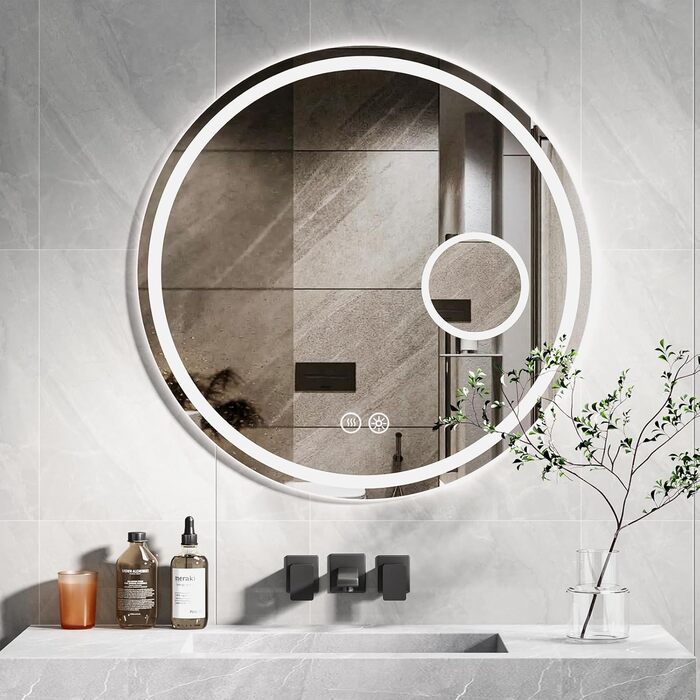 Дзеркало для ванної кімнати HySail з підсвічуванням, 5 мм, високоякісний срібний, 3 колірні температури та регульована яскравість, настінне, з сенсорним вимикачем та антизапарюючим покриттям, кругле (70x70 см)
