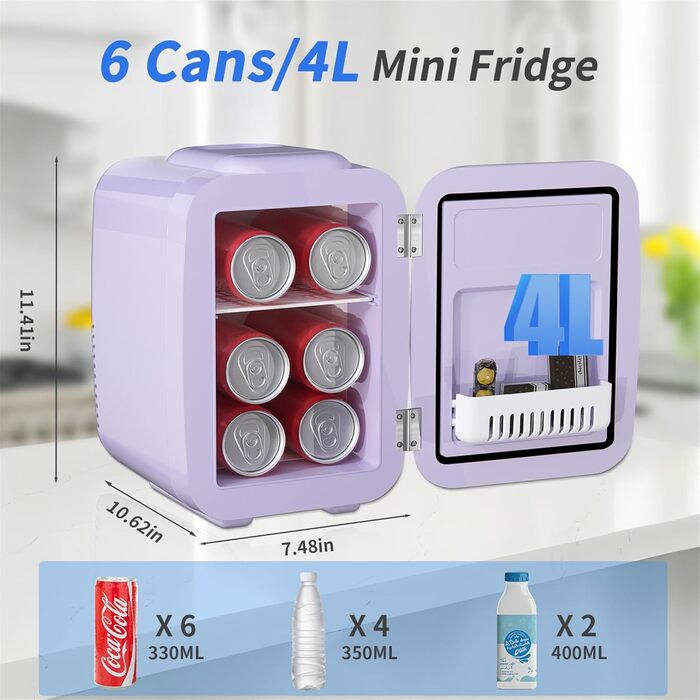 Міні-холодильник YASHE, 4 літри: для косметики, напоїв, 220V AC/ 12V DC, термоелектричне охолодження та нагрівання, для спальні, офісу, гуртожитку, авто (фіолетовий)