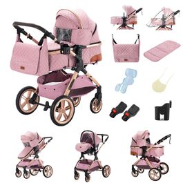 Дитяча коляска Glokid 3 в 1, комбінована модель з речною системою, переносна сумка для переодягання, москітна сітка, дощовик, теплий мішок, складна конструкція, положення для сну, рожевий колір (GPHX1)