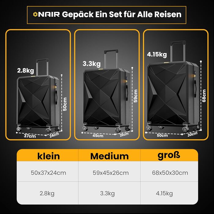 Набір валіз ONAIR 3 шт. (S, M, L) – чорний & золотий. Водовідштовхуюча жорстка оболонка, TSA-замок, тихі колеса, міцний ABS-пластик. Ідеально для подорожей.