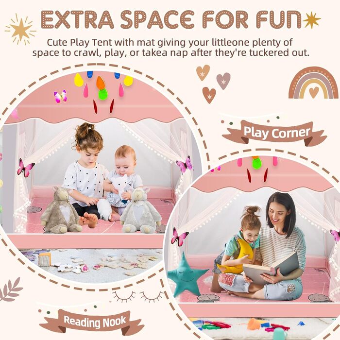 Дитячий намет критий з Starlights & Mat, великий ігровий намет 130x120x100см (рожевий і сірий)
