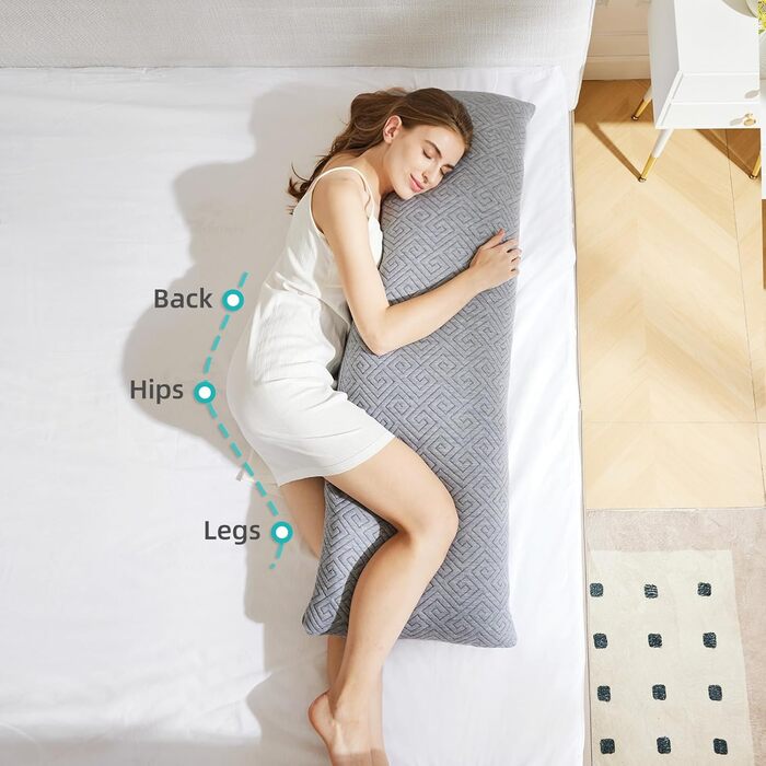 Подушка для сну на боці 39 x 137 см. Довга подушка для тих, хто спить на боці, з подрібненою піною з пам'яті. Вагітна подушка, подушка-обійми з віскоеластичної піни. Знімний чохол, регульована наповнюваність.