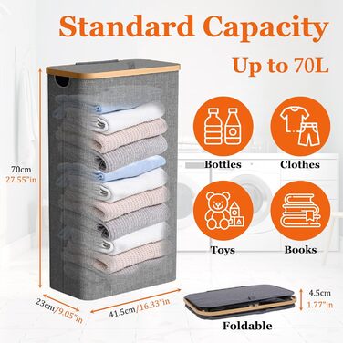 Кошик для білизни з кришкою 70л, вузький, з бамбуковими ручками та внутрішньою кишенею, складний, портативний, для пральні, йоги, темно-сірий 70л