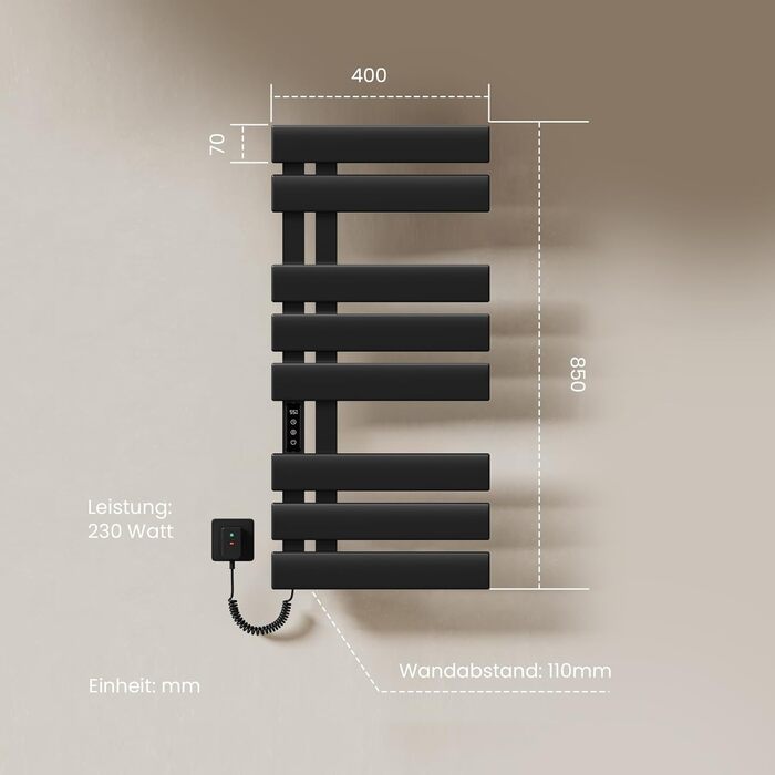 Електричний рушникосушар EMKE з Wi-Fi, 1000 x 500 мм, 320W (чорний, правий)