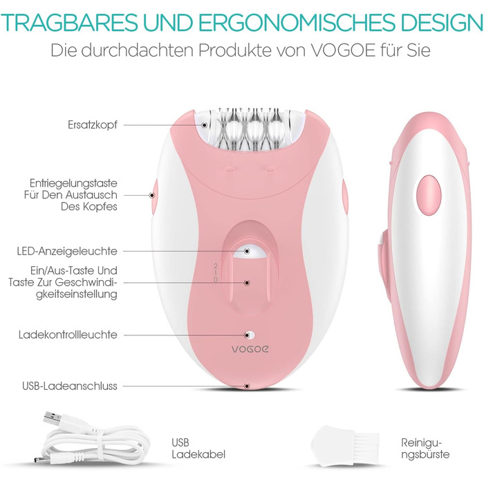 Жіночий епілятор VOGOE 4 в 1, 21 пінцет, бездротовий, для обличчя, ніг, рук, бікіні, HR310 рожевий