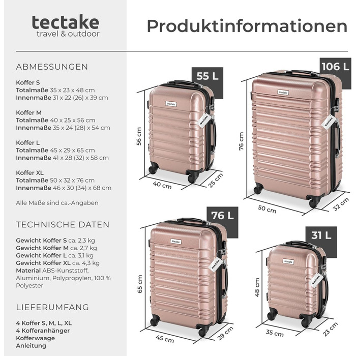Набір валіз Tectake® 4 шт. з ABS пластику, рожевого кольору (S-M-L-XL)