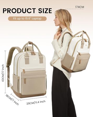 LOVEVOOK Рюкзак для жінок, 15.6 дюймів, рюкзак для ноутбука, рюкзак для подорожей, водонепроникний, сумка для роботи, рюкзак, жіноча шкільна сумка, для підлітків, дівчаток, елегантний, для школи, університету, подорожей, роботи, офісу, Бежевий, 15.6 дюймі