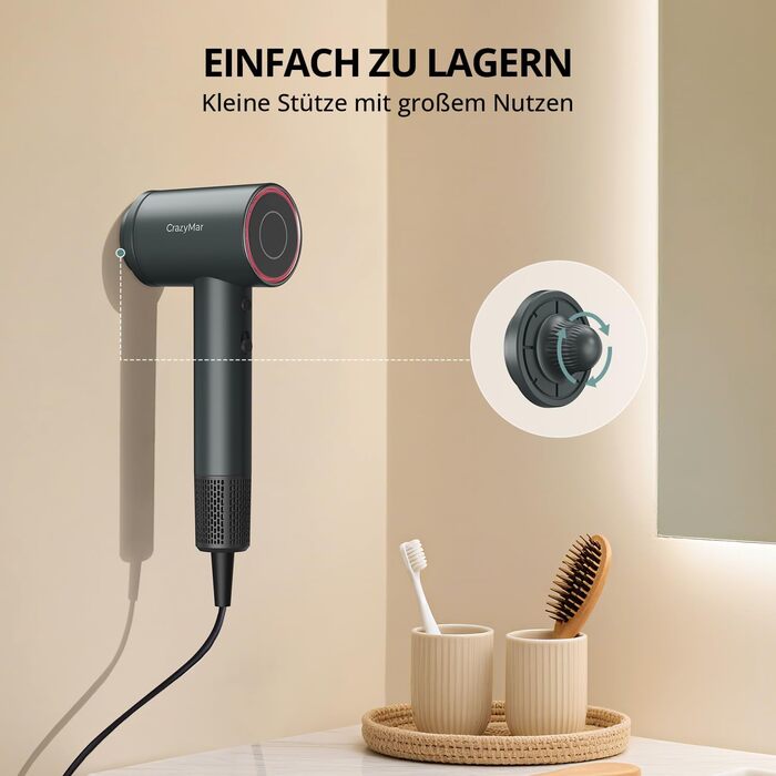 Іонний фен для волосся з безщітковим мотором 180 000 об/хв, компактний дорожній фен з 4 режимами температури та захистом від перегріву, сірий