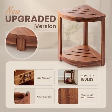 HOLANA Двомісна кутова лавка для душу з полицею та підставкою для ніг, з дерева акації, для ванної кімнати або сауни