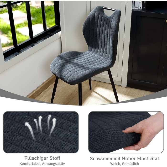 LEWE Комплект стільців для їдальні (4 шт.), сірого кольору. З м'яким сидінням, металевими ніжками та тканинною спинкою. Підходять для кухні, вітальні та їдальні.