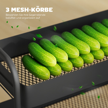 Візок для кухні, 3 кошики, 4 колеса, металевий, чорний