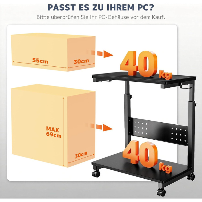 Підставка для ПК з регулюванням висоти PUTORSEN, 2 рівні, з роликами та підкладкою для миші, чорний Full-Tower (до 40 кг/рівень)