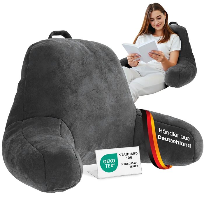 Подушка для спини та читання ELONEO з підлокітниками для ліжка та дивана, ергономічна підтримка спини, голови та шиї