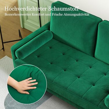 Диван Vesgantti, 2 місця, 121 см, сучасний дизайн, з 2 подушками, для вітальні/квартири/офісу (зелений, велюр)