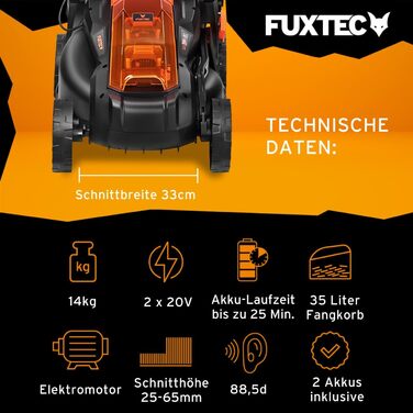 Акумуляторний газонокосарка FUXTEC 40V E1RM20 з 2x20V Li-Ion акумуляторами 2Ah та подвійним зарядним пристроєм – ширина зрізу 33 см, регульована висота зрізу