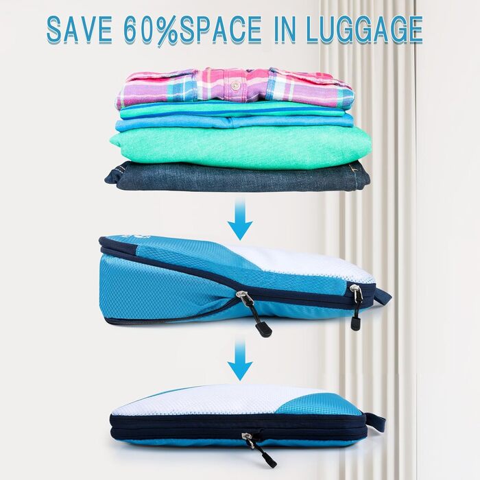 Набір компресійних органайзерів для одягу в подорожі AiQInu, 5 шт. (з мішком для прання та взуття), ультралегкі розширювані пакувальні куби для валізи та ручної поклажі, небесно-блакитний