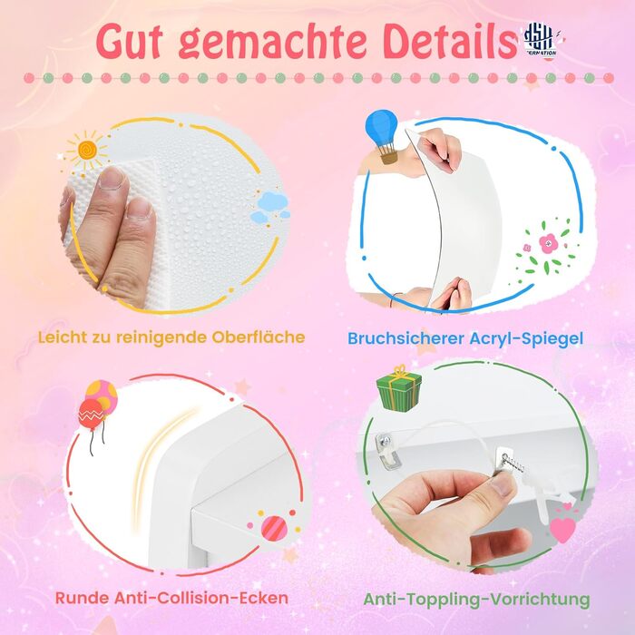 Дитячий туалетний столик DREAMADE для дівчаток з LED-підсвіткою, дерев'яний столик принцеси з відкритими полицями та 5 шухлядами, білий, від 3 років