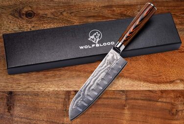 Ніж кухарський Santoku XL (30 см) Wolfblood з дамаської сталі 67 шарів, професійний, з дерев'яною ручкою, подарункова коробка та захист леза