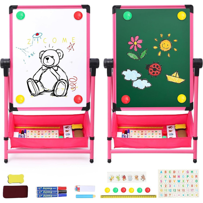 Дитяча мольберт Kinderstaffelei з двома боками, складний, регульована висота 74,9-111,8 см, з місцем для зберігання, поворотний на 360°, мольберт для малювання та дошка з набором літер та цифр, рожевий для хлопчиків та дівчаток