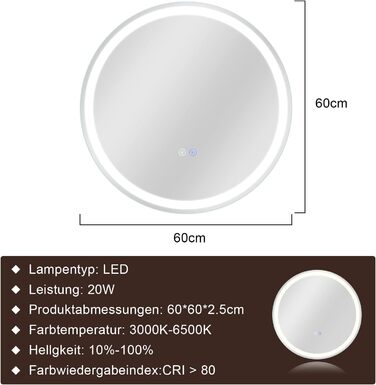 Дзеркало для ванної кімнати Mursche з підсвічуванням LED, 50x70 см, IP44, сенсорний вимикач, годинник, антизапар, регулювання яскравості 3000K-6500K