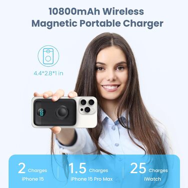 Магнітний блок живлення 4-в-1 10800mAh для MagSafe, зарядний пристрій i-Watch, QC4.0PD 22.5 Вт, LED-дисплей