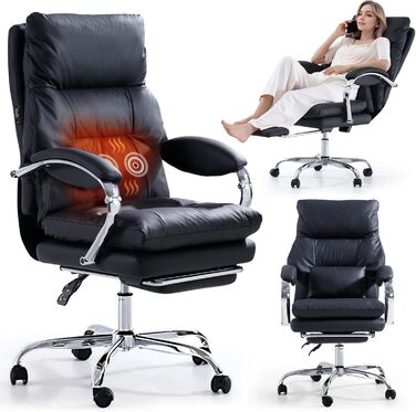 Офісний крісло EMIAH з підніжкою, комфортний крісло для роботи з підлокітниками, ергономічний крісло для начальника з PU шкіри та роликами, ігровий комп'ютерне крісло з потовщеною подушкою,(Чорний)