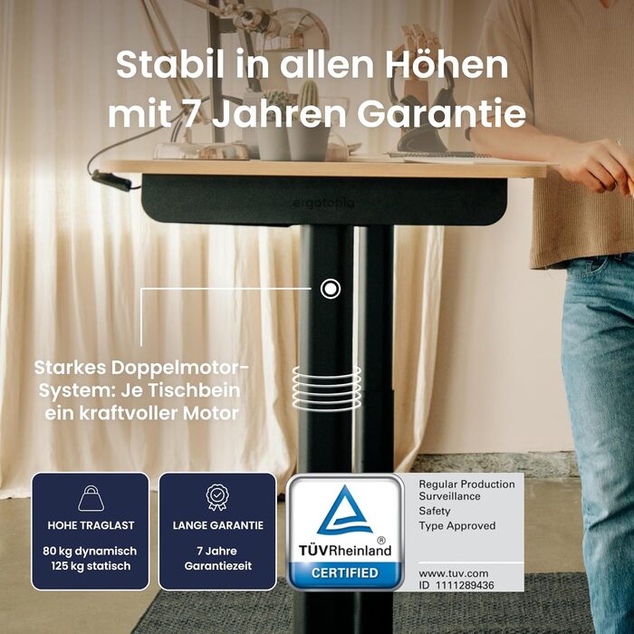Ерготопія Десктопія Вone – Регульований стіл, Електричне підйомне шасі, Чорний, 7 років гарантії, TÜV-сертифікований